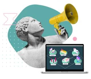 Collage of a statue with a megaphone, representing stakeholder engagement